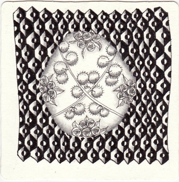 Ein Zentangle aus den Mustern Wabenrelief, Sekips, Spinrose,  gezeichnet von Ela Rieger, CZT