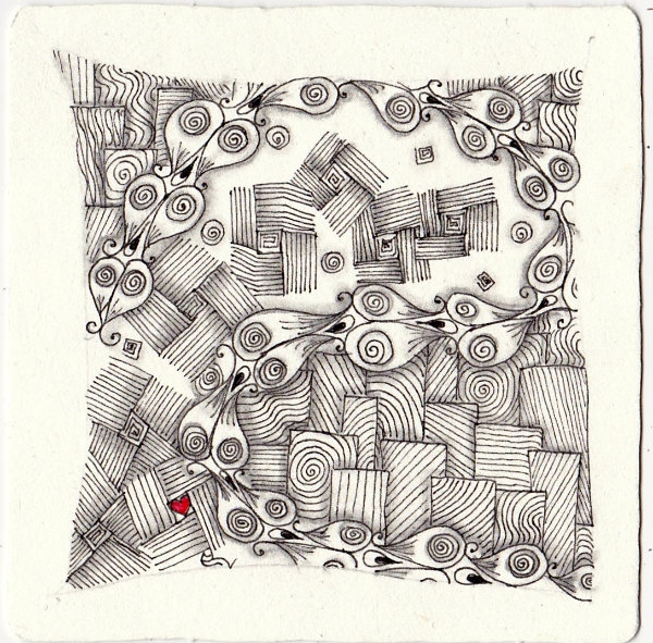 Ein Zentangle aus den Mustern Double Ds, Shingee, Squavolution,  gezeichnet von Ela Rieger, CZT