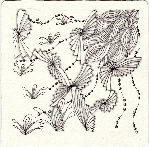 Ein Zentangle aus den Mustern Dealys, Steps, Sunny Grass,  gezeichnet von Ela Rieger, CZT
