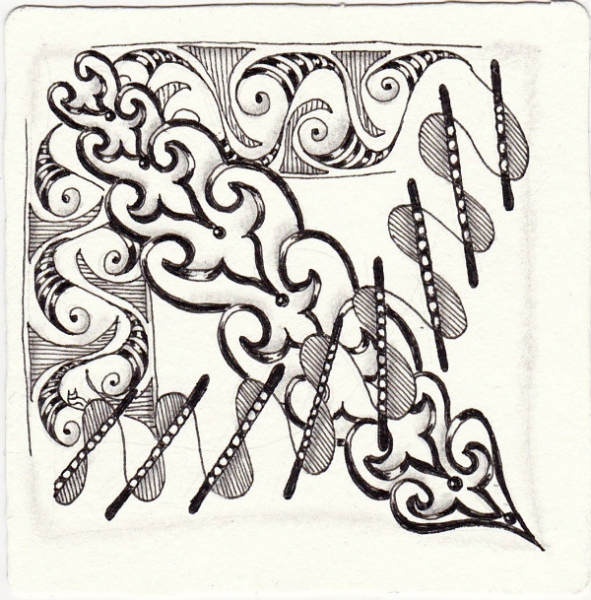 Ein Zentangle aus den Mustern Andante, Tami, Tongue-Depressed,  gezeichnet von Ela Rieger, CZT