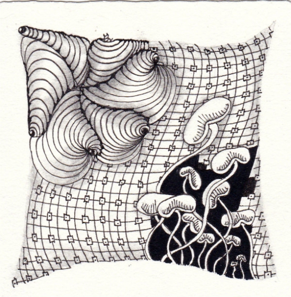 Ein Zentangle aus den Mustern Kozy, Screen, Misery ,  gezeichnet von Ela Rieger, CZT