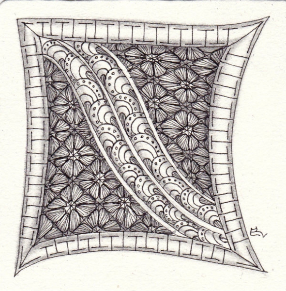 Ein Zentangle aus den Mustern Nymph, Shattuck, Hue,  gezeichnet von Ela Rieger, CZT