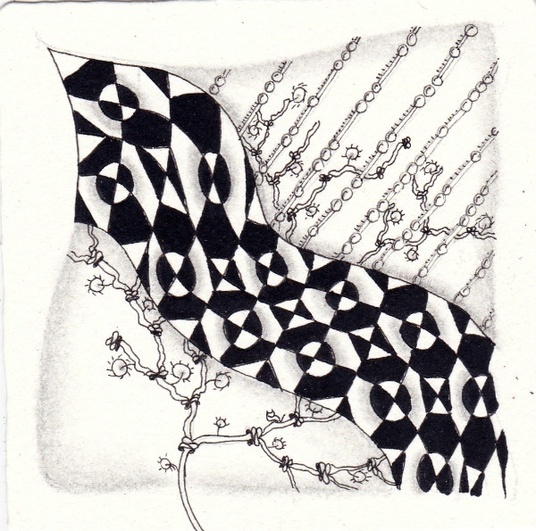Ein Zentangle aus den Mustern Abacus, Pendrills, Bowties,  gezeichnet von Ela Rieger, CZT