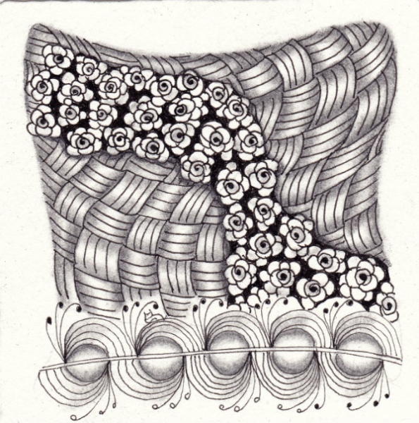 Ein Zentangle aus den Mustern Ponio, Pozer, Keeko,  gezeichnet von Ela Rieger, CZT