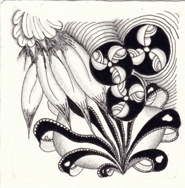Ein Zentangle aus den Mustern Two Feather, Aquafleur, Beez,  gezeichnet von Ela Rieger, CZT