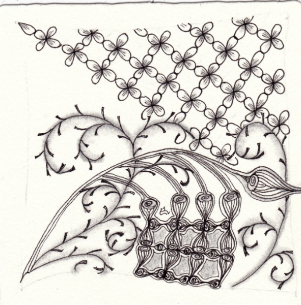 Ein Zentangle aus den Mustern 2/8's, Pystyl, Trumpits,  gezeichnet von Ela Rieger, CZT