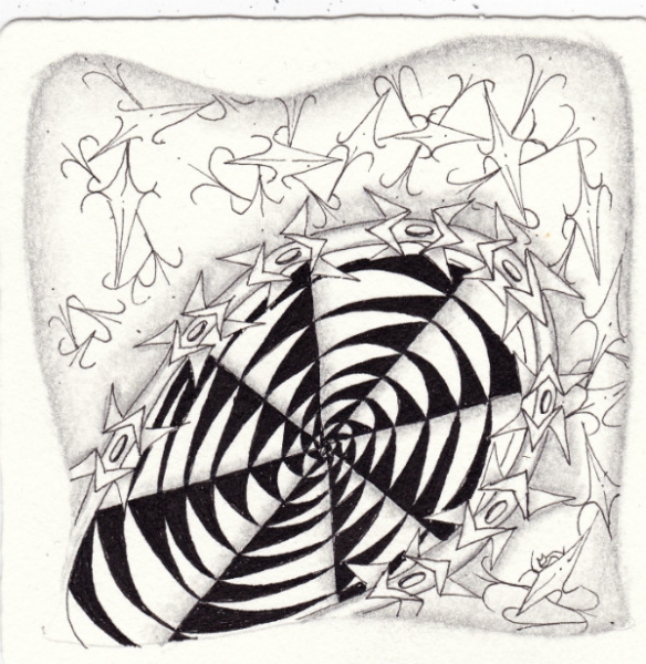Ein Zentangle aus den Mustern Beez Wacks, Daggerly, Tra-la-la,  gezeichnet von Ela Rieger, CZT
