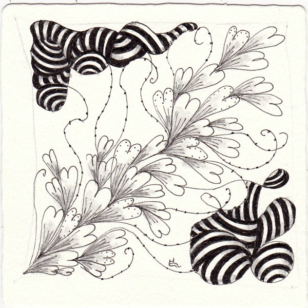 Ein Zentangle aus den Mustern Ellish, Striping, Luv-a,  gezeichnet von Ela Rieger, CZT