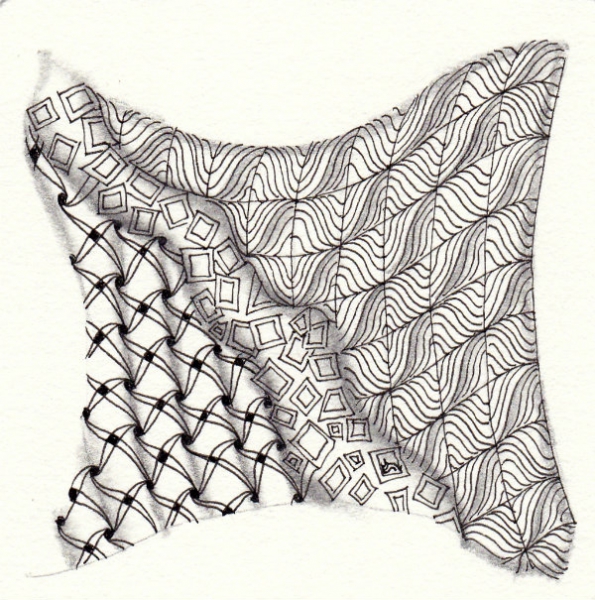 Ein Zentangle aus den Mustern Amberwaves, Jambalee, Dancet,  gezeichnet von Ela Rieger, CZT