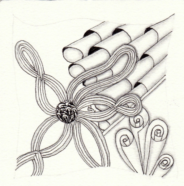 Ein Zentangle aus den Mustern Kohn, Auraknot-Bunzo Flower, Slates,  gezeichnet von Ela Rieger, CZT
