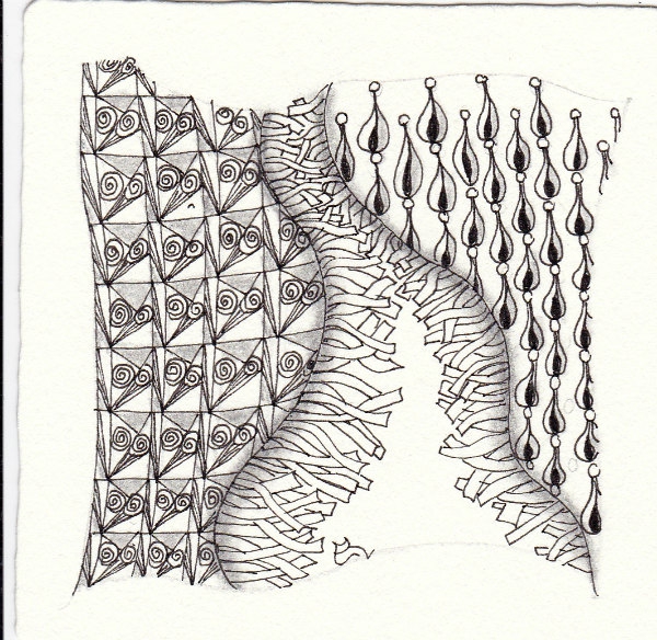 Ein Zentangle aus den Mustern Fatpaper, Drip-Drop, Glace,  gezeichnet von Ela Rieger, CZT