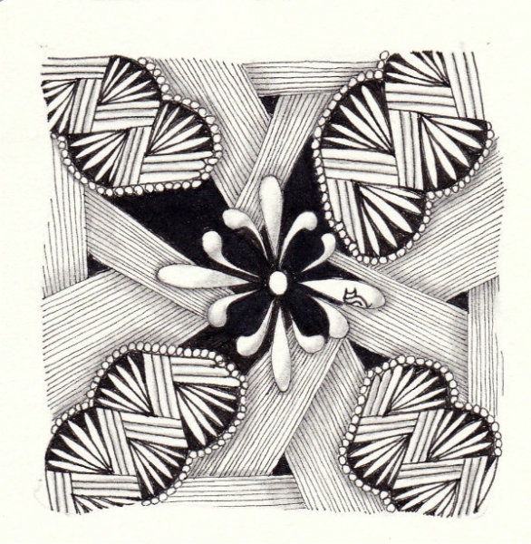Ein Zentangle aus den Mustern Balo, Ole, Trivolution,  gezeichnet von Ela Rieger, CZT