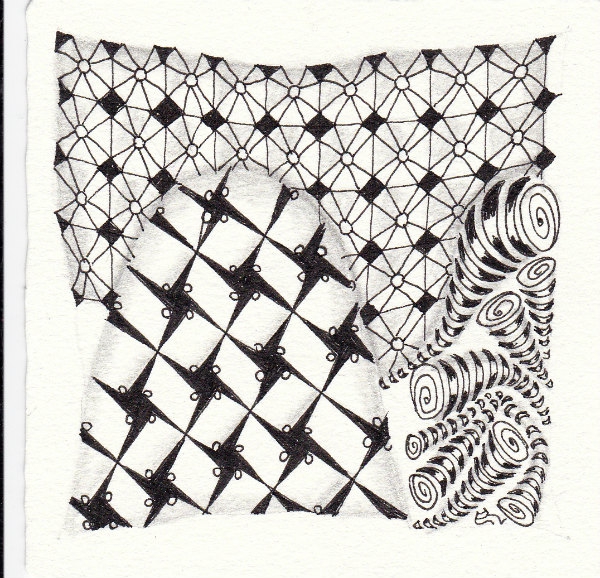 Ein Zentangle aus den Mustern Breezy, Jemz, Teenos,  gezeichnet von Ela Rieger, CZT