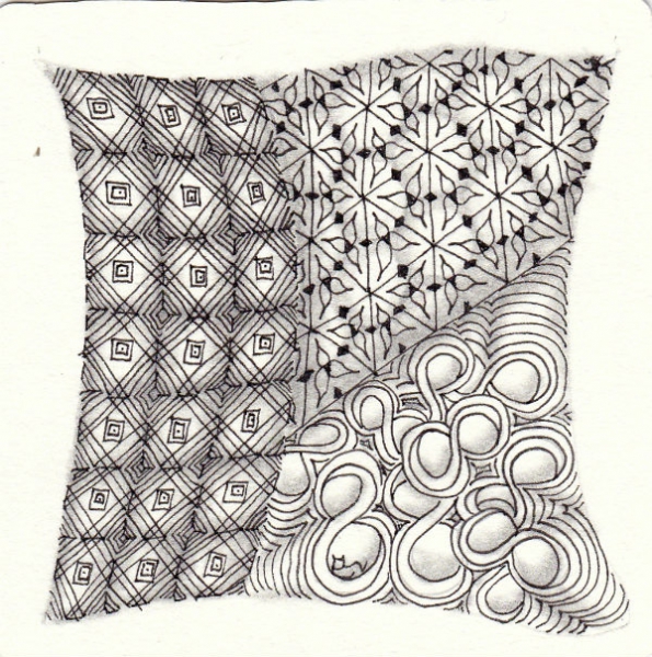 Ein Zentangle aus den Mustern Octagonal, Trimond, Perlz,  gezeichnet von Ela Rieger, CZT