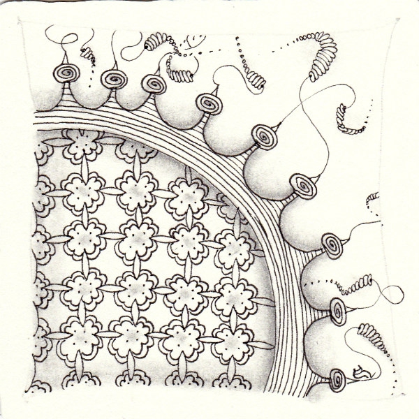 Ein Zentangle aus den Mustern Sati, Kings Crown, Zinger,  gezeichnet von Ela Rieger, CZT