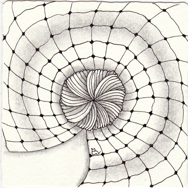 Ein Zentangle aus den Mustern Calvin, Ovolution, Florz,  gezeichnet von Ela Rieger, CZT