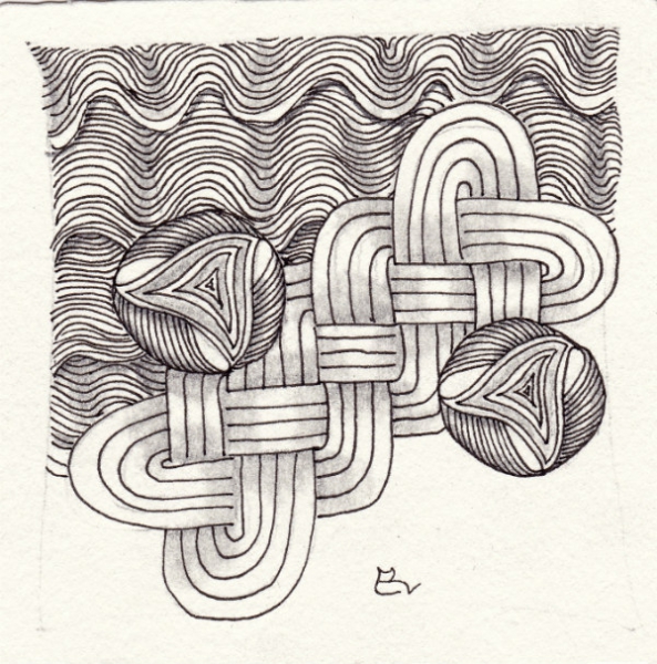 Ein Zentangle aus den Mustern Cozmik, Cruze, Magma,  gezeichnet von Ela Rieger, CZT