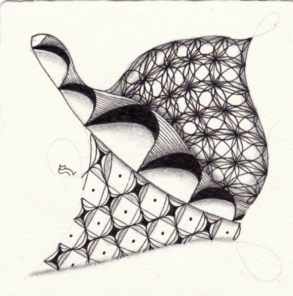 Ein Zentangle aus den Mustern 8C, R-Ches, Shauna,  gezeichnet von Ela Rieger, CZT