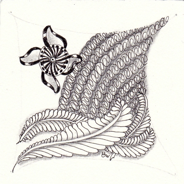 Ein Zentangle aus den Mustern Angeleafe, Eke, Pin-Will,  gezeichnet von Ela Rieger, CZT