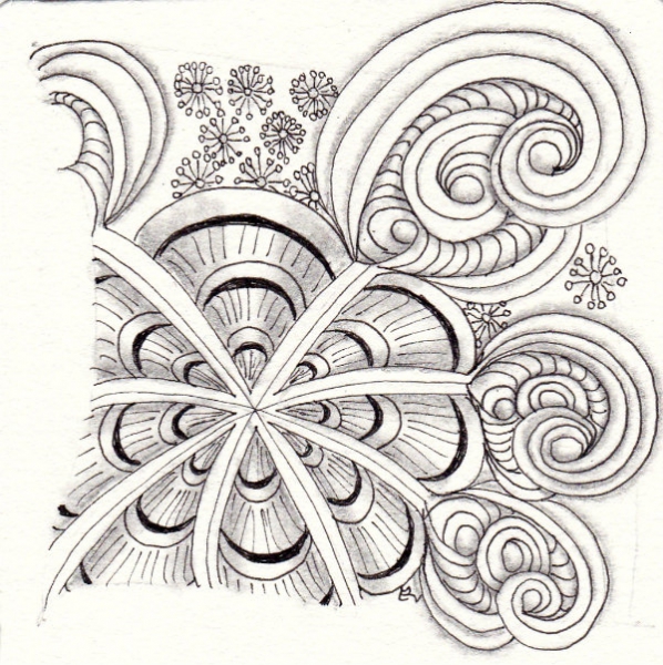 Ein Zentangle aus den Mustern Fafolia, Drupe, Trio,  gezeichnet von Ela Rieger, CZT