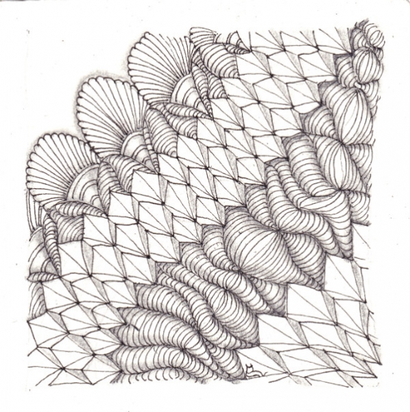 Ein Zentangle aus den Mustern Ananas, Nia, Wormies,  gezeichnet von Ela Rieger, CZT
