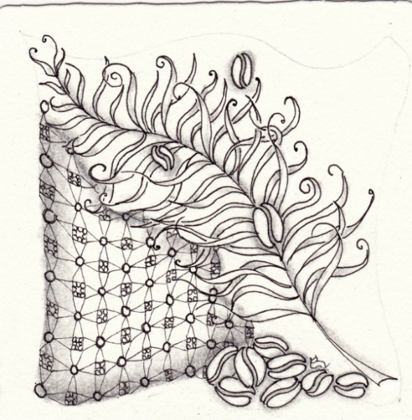 Ein Zentangle aus den Mustern Apache, Curly Bracket Feather, Kawffee,  gezeichnet von Ela Rieger, CZT