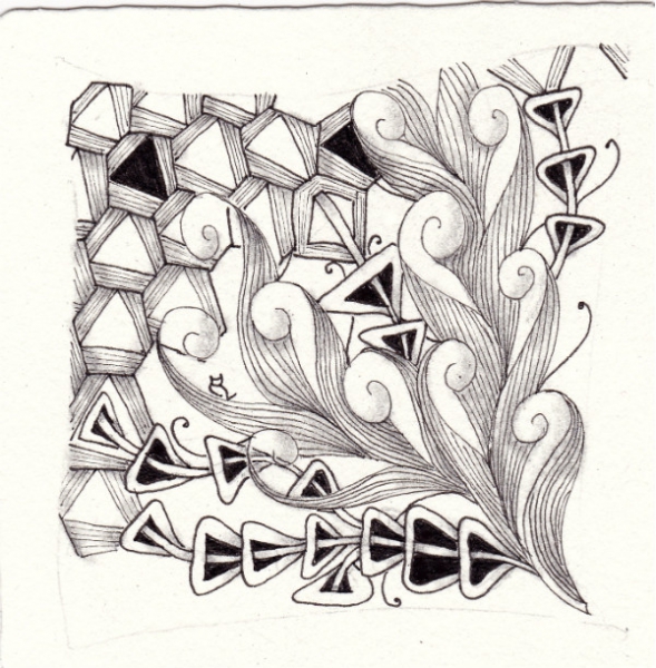 Ein Zentangle aus den Mustern Holdy, Rixty, Scrolled Feather,  gezeichnet von Ela Rieger, CZT