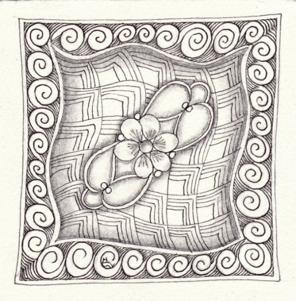 Ein Zentangle aus den Mustern Keepsake, Flukes, Snail,  gezeichnet von Ela Rieger, CZT