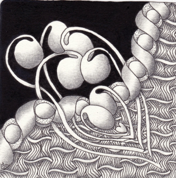 Ein Zentangle aus den Mustern Ko, Mooka, Coil,  gezeichnet von Ela Rieger, CZT