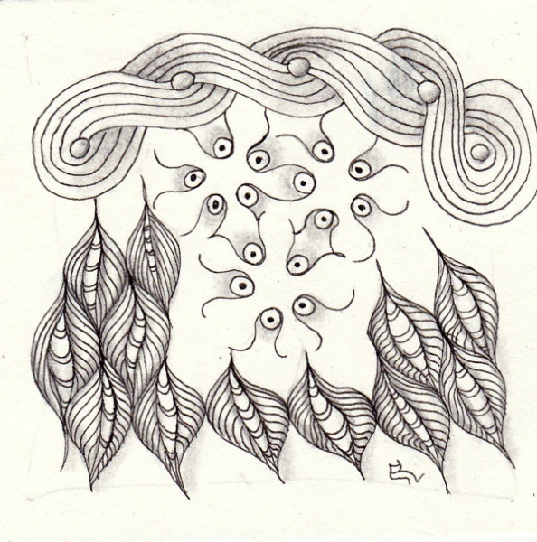 Ein Zentangle aus den Mustern Kremschnitte, Twenty-One, Violeta,  gezeichnet von Ela Rieger, CZT