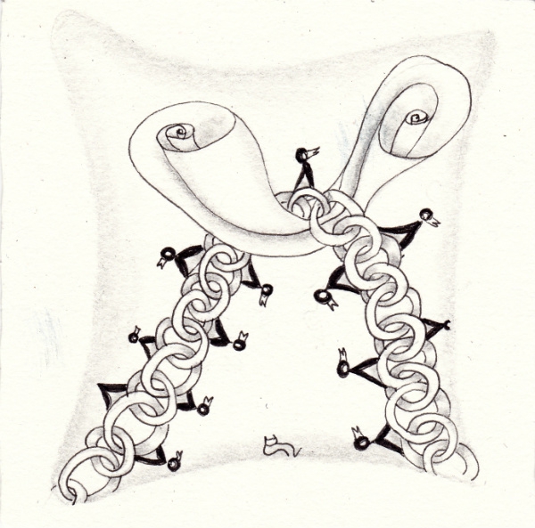 Ein Zentangle aus den Mustern Kalrav, Cartoosh, C-Chain,  gezeichnet von Ela Rieger, CZT