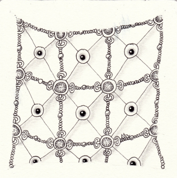 Ein Zentangle aus den Mustern Koryl, Danglez, Dot-Grid,  gezeichnet von Ela Rieger, CZT