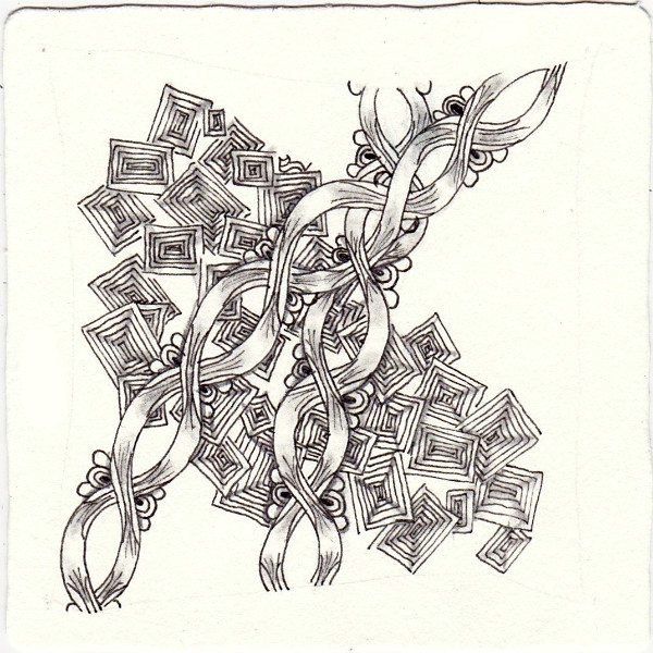 Ein Zentangle aus den Mustern Adeline, Box Spirals, Twing,  gezeichnet von Ela Rieger, CZT