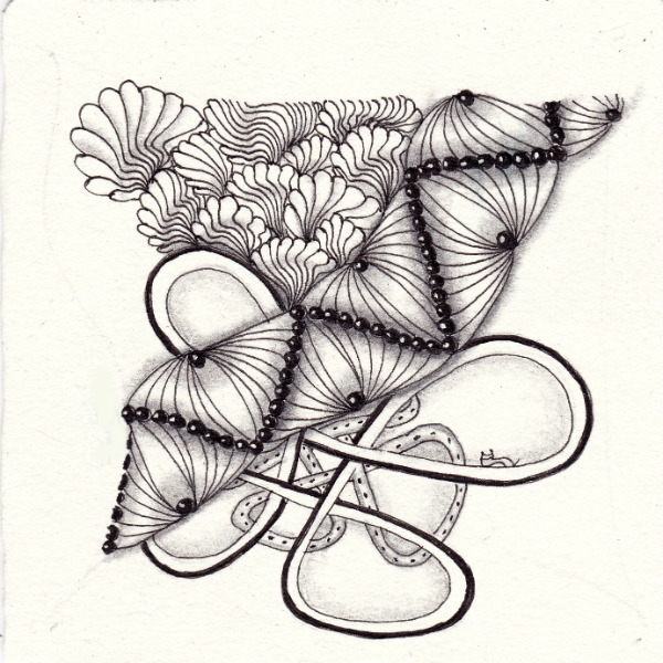 Ein Zentangle aus den Mustern Drogon, Sanibelle, Hope,  gezeichnet von Ela Rieger, CZT