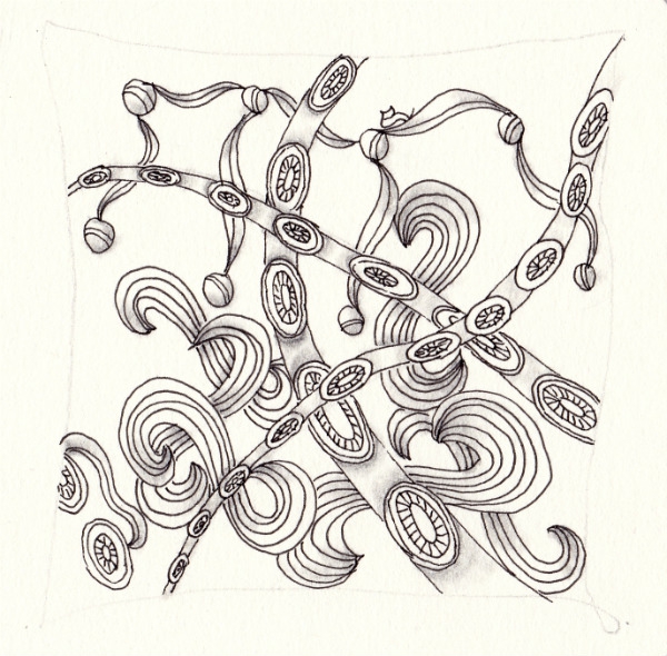 Ein Zentangle aus den Mustern Goldilocks, Suckers, Kurlllz,  gezeichnet von Ela Rieger, CZT