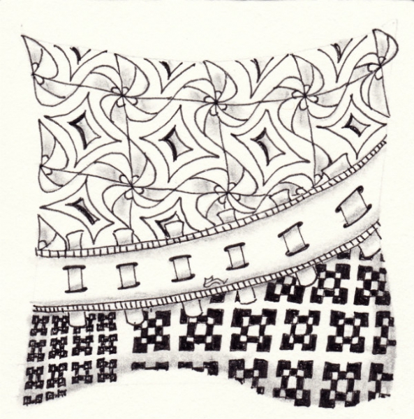 Ein Zentangle aus den Mustern Inverse Sqare Law, Railwayz, Windu,  gezeichnet von Ela Rieger, CZT