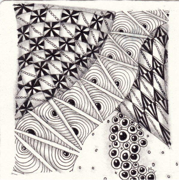 Ein Zentangle aus den Mustern Graancirkels, Banderole, Caviar,  gezeichnet von Ela Rieger, CZT