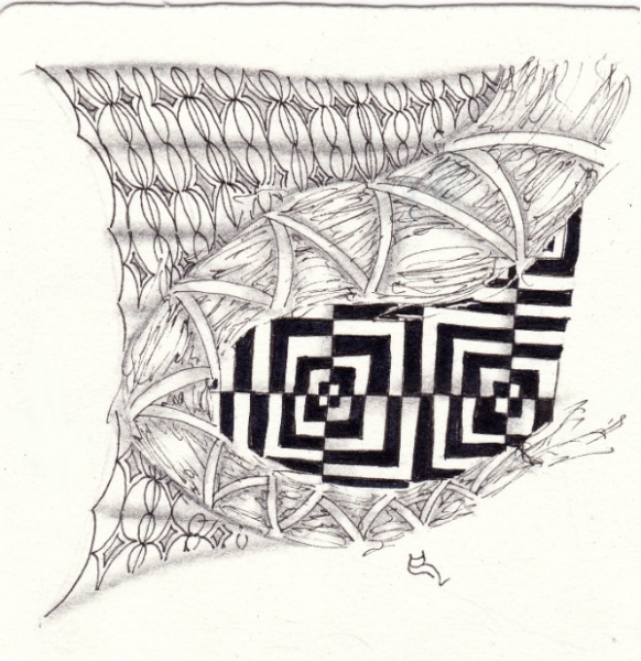 Ein Zentangle aus den Mustern Kolum, Brayd, Eye Test,  gezeichnet von Ela Rieger, CZT