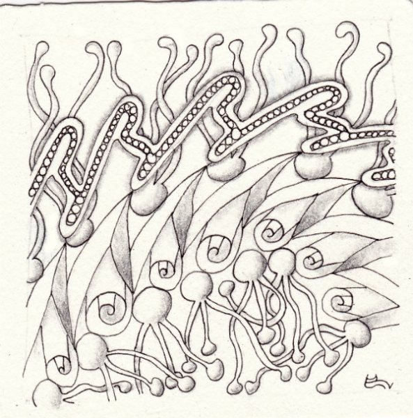 Ein Zentangle aus den Mustern MoFins, Krix-Krax, 3togo,  gezeichnet von Ela Rieger, CZT