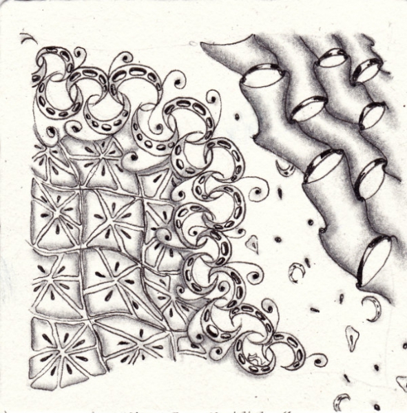 Ein Zentangle aus den Mustern Planturn, Florez, LinQ,  gezeichnet von Ela Rieger, CZT