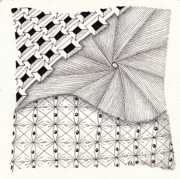 Ein Zentangle aus den Mustern Revolution, Peaooo, Klipi,  gezeichnet von Ela Rieger, CZT