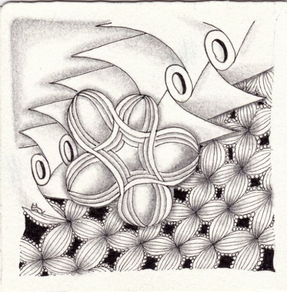 Ein Zentangle aus den Mustern Singapore Sling, Bales, Propel,  gezeichnet von Ela Rieger, CZT