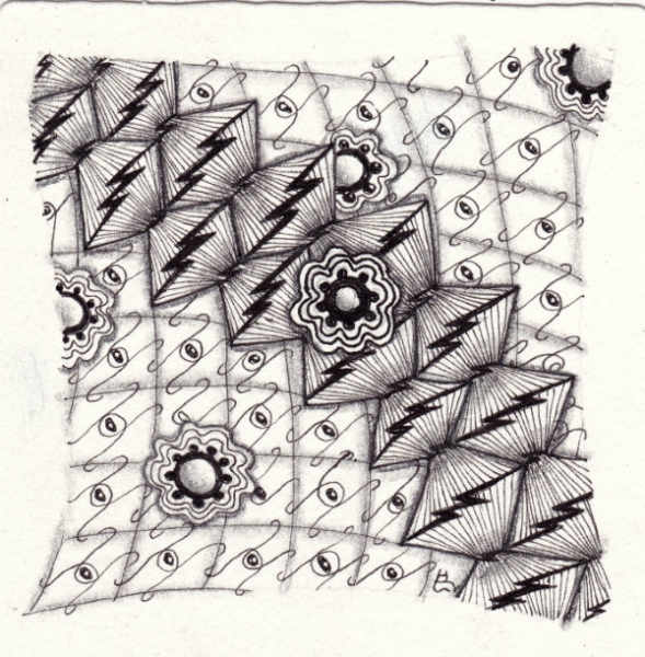 Ein Zentangle aus den Mustern Wheelcog, Dephib, Eca-Linli,  gezeichnet von Ela Rieger, CZT
