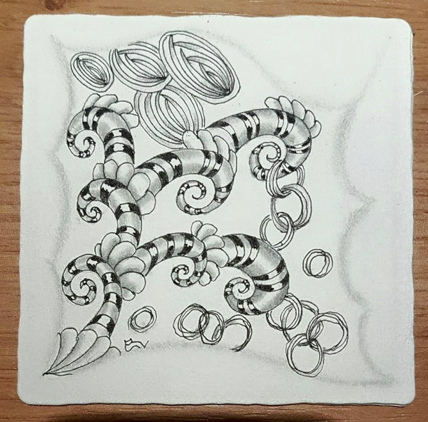 Ein Zentangle aus den Mustern Tuscadero, Encke, Uncorked,  gezeichnet von Ela Rieger, CZT