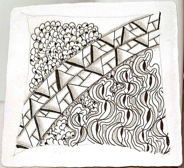Ein Zentangle aus den Mustern Wall Break, Fluff, Chirps,  gezeichnet von Ela Rieger, CZT