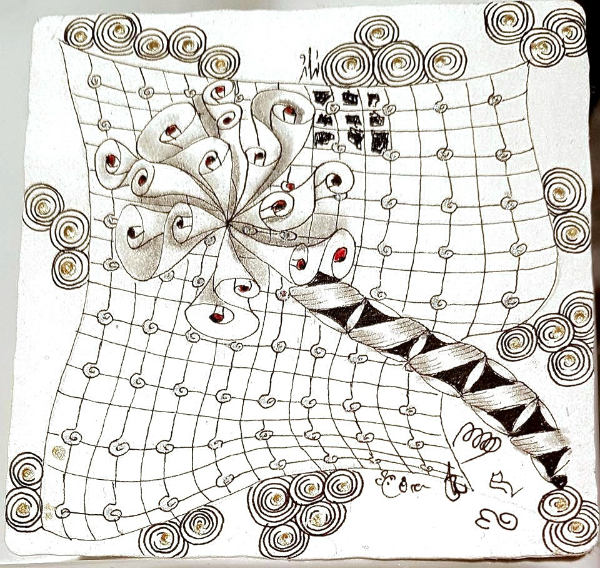 Ein Zentangle aus den Mustern Zenplosion Folds, C-Bun, Pozi,  gezeichnet von Ela Rieger, CZT