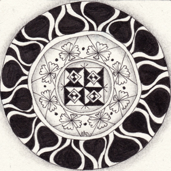 Ein Zentangle aus den Mustern Kyiv, Yabbut, Dropz,  gezeichnet von Ela Rieger, CZT
