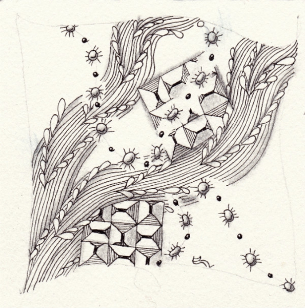 Ein Zentangle aus den Mustern Buggybeads, Teeny, Fleavy,  gezeichnet von Ela Rieger, CZT