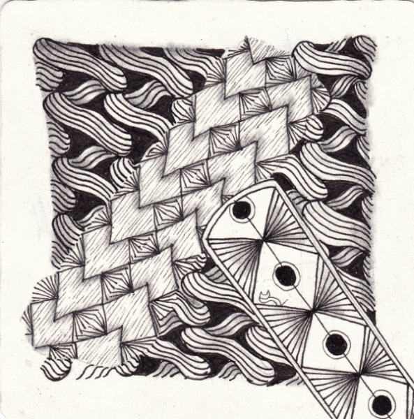 Ein Zentangle aus den Mustern Giotto, Pea-Nuckle, Be Vee,  gezeichnet von Ela Rieger, CZT