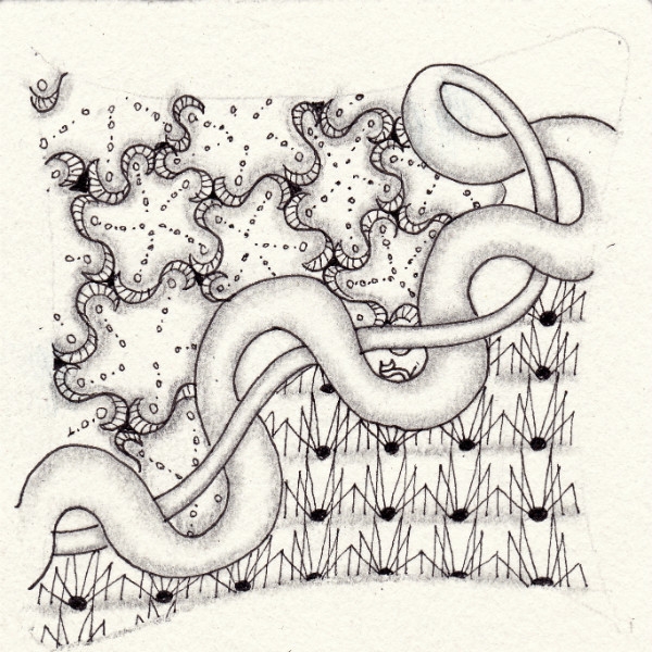 Ein Zentangle aus den Mustern Lannips, Connesses, Dessus-Dessous,  gezeichnet von Ela Rieger, CZT